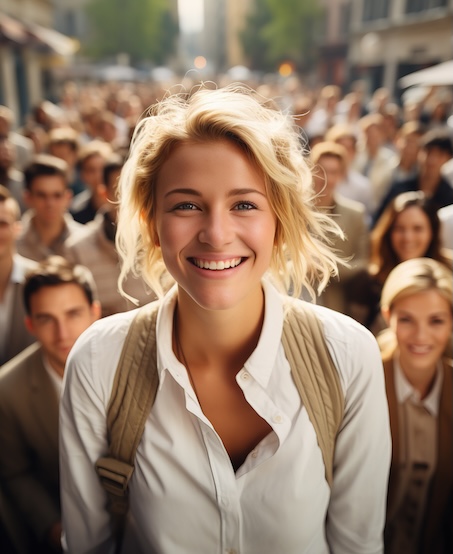 Cute blonde woman smiling in front of large crowd of people, Generative AI illustration
