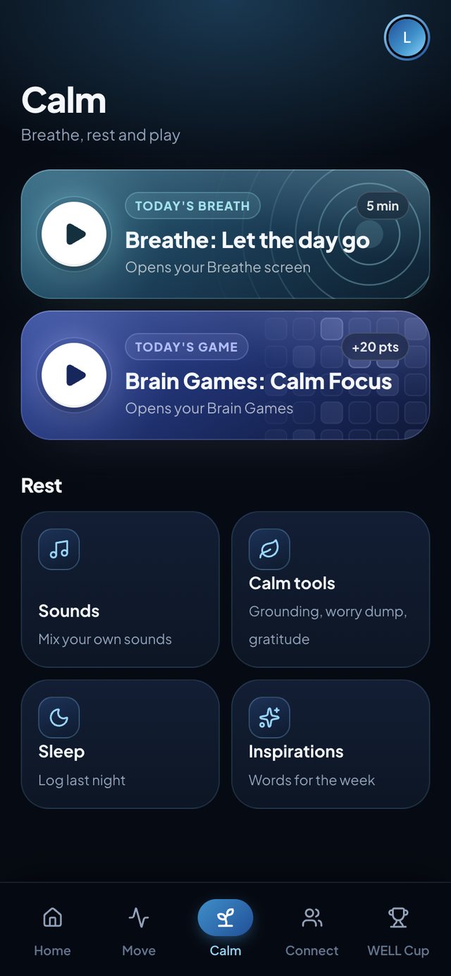 The Calm page in the WELL with Loretta app: today's breath, brain games, sounds, calm tools and sleep